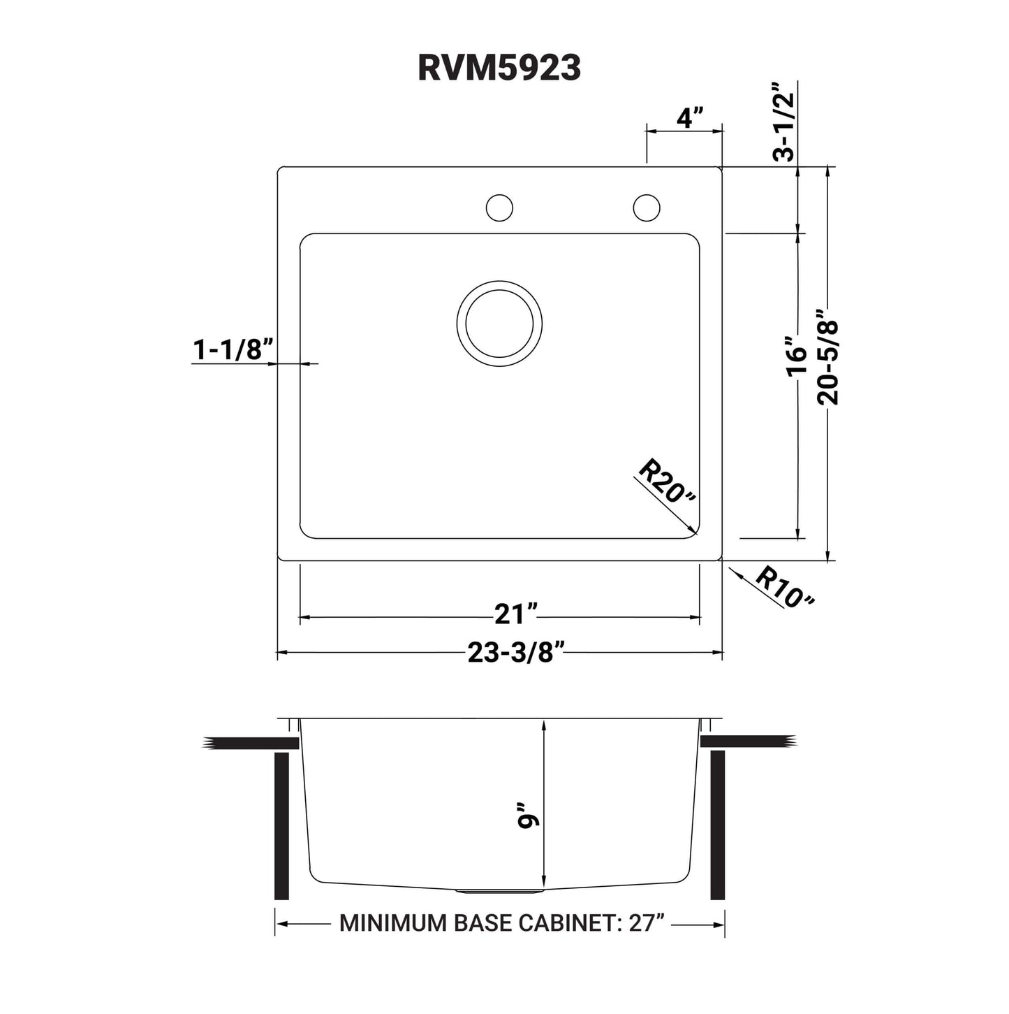 Ruvati 23 x 20 inch Drop-in Topmount Kitchen Sink 16 Gauge Stainless Steel Single Bowl - RVM5923