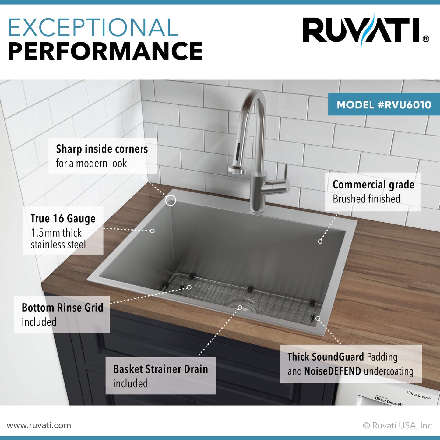 Ruvati Topmount Laundry Utility Sink 25" x 22" x 12" Deep 16 Gauge Stainless Steel - RVU6010