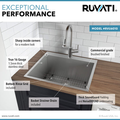 Ruvati Topmount Laundry Utility Sink 25" x 22" x 12" Deep 16 Gauge Stainless Steel - RVU6010