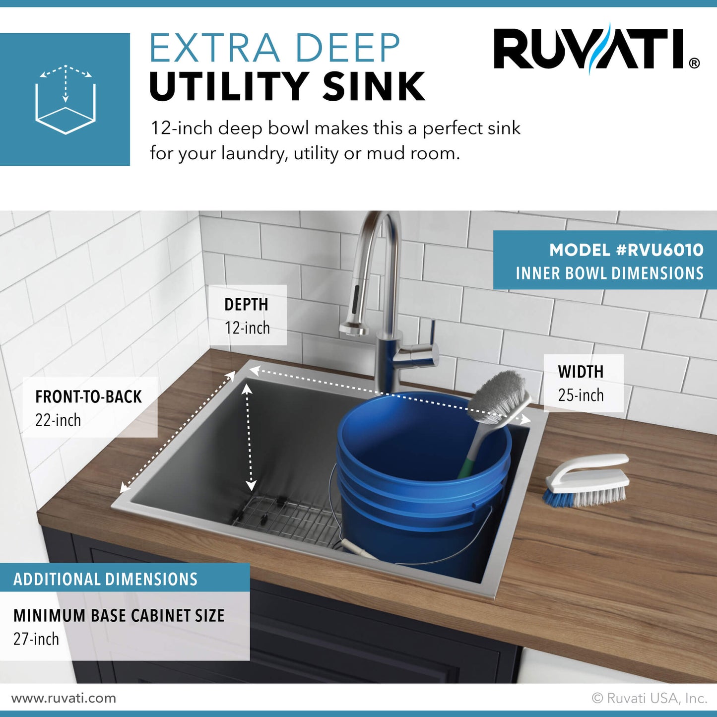 Ruvati Topmount Laundry Utility Sink 25" x 22" x 12" Deep 16 Gauge Stainless Steel - RVU6010