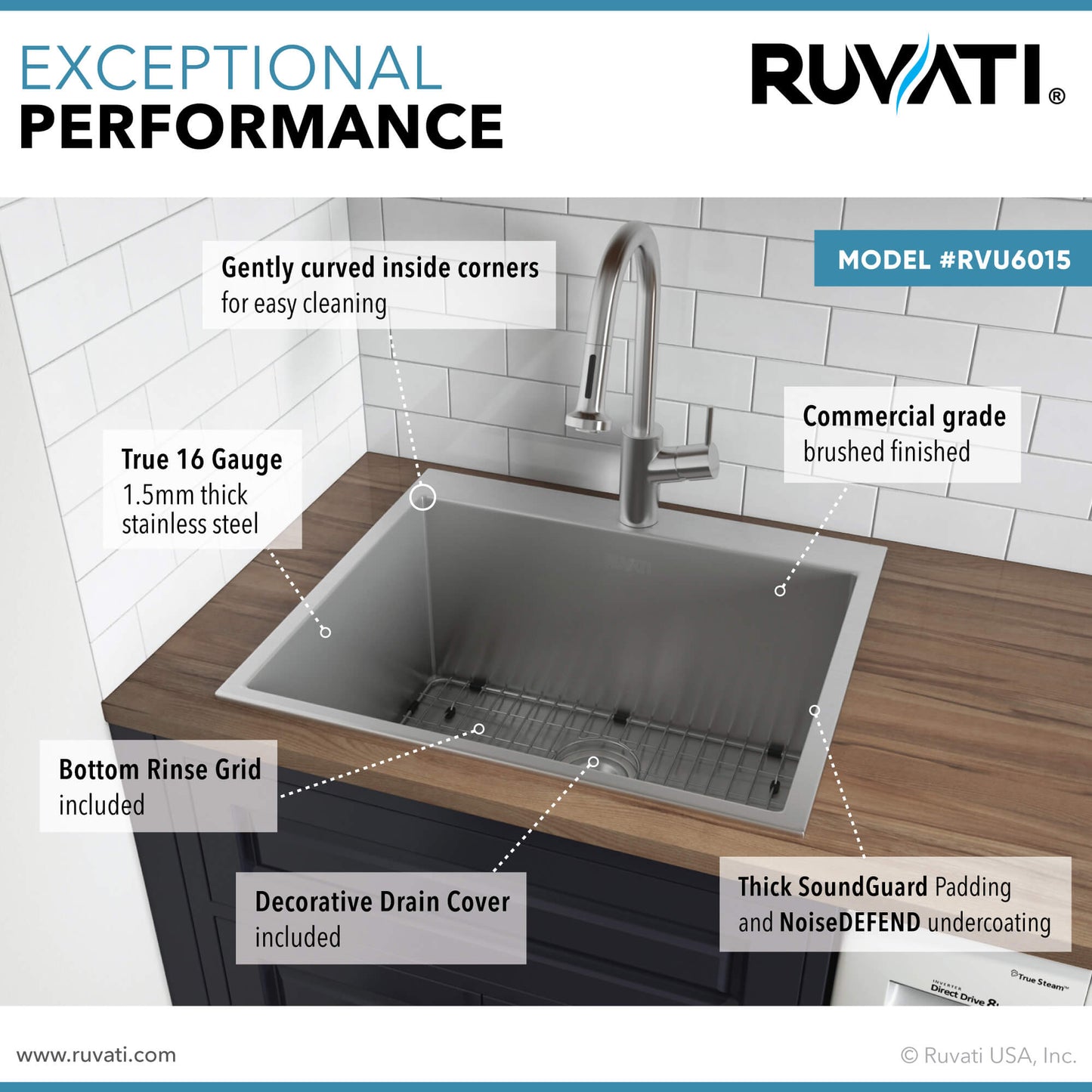 Ruvati Topmount Laundry Utility Sink 25 x 22 x 12 inch Rounded Corners Deep 16 Gauge Stainless Steel - RVU6015