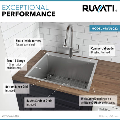 Ruvati Topmount Laundry 22" x 22" x 12" Deep Utility Sink 16 Gauge Stainless Steel - RVU6022