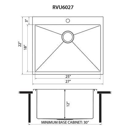 Ruvati Topmount Laundry Utility Sink 27 x 22 x 12 inch Rounded Corners Deep 16 Gauge Stainless Steel - RVU6027