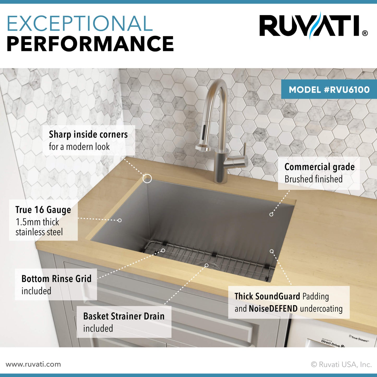 Ruvati 23" x 18" x 12" Deep Laundry Utility Sink Undermount 16 Gauge Stainless Steel - RVU6100