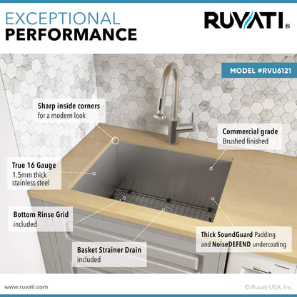 Ruvati 21" x 18" x 12" Deep Laundry Utility Sink Undermount 16 Gauge Stainless Steel - RVU6121