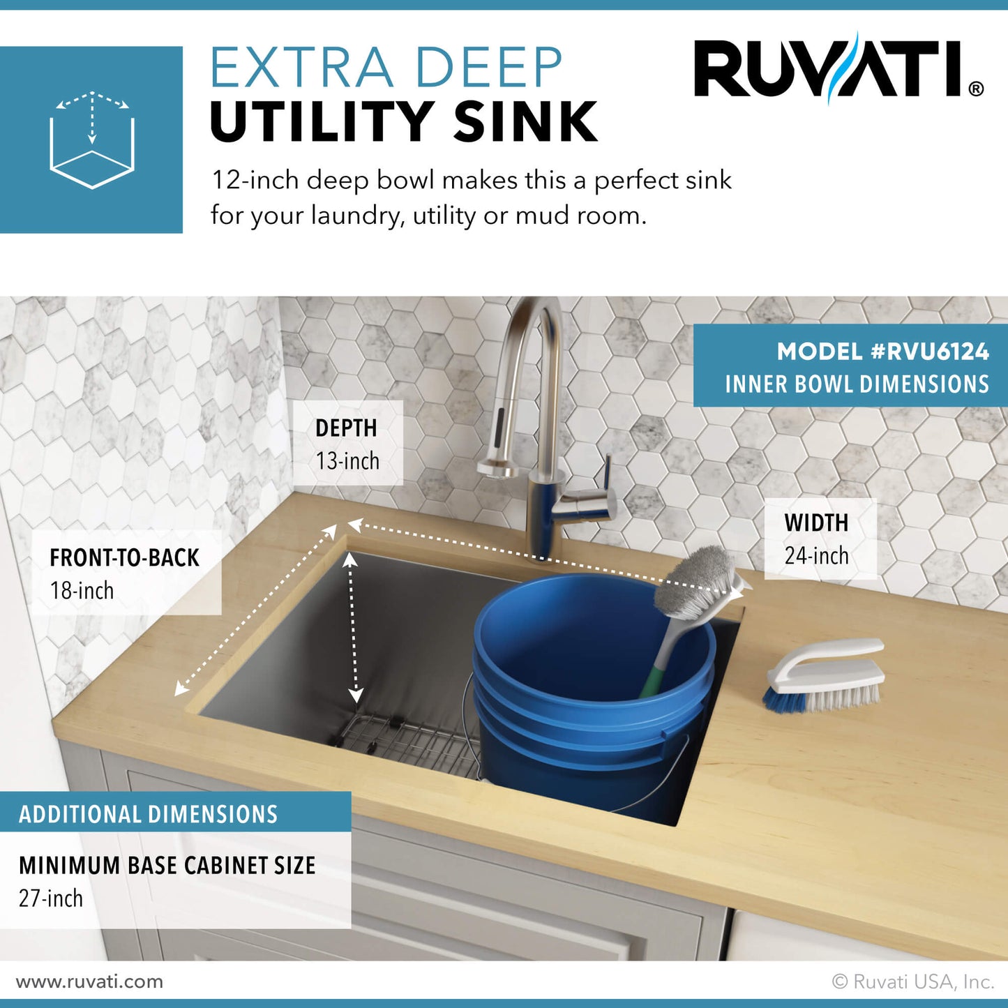 Ruvati 24" x 18" x 13" Deep Laundry Utility Sink Undermount 16 Gauge Stainless Steel - RVU6124