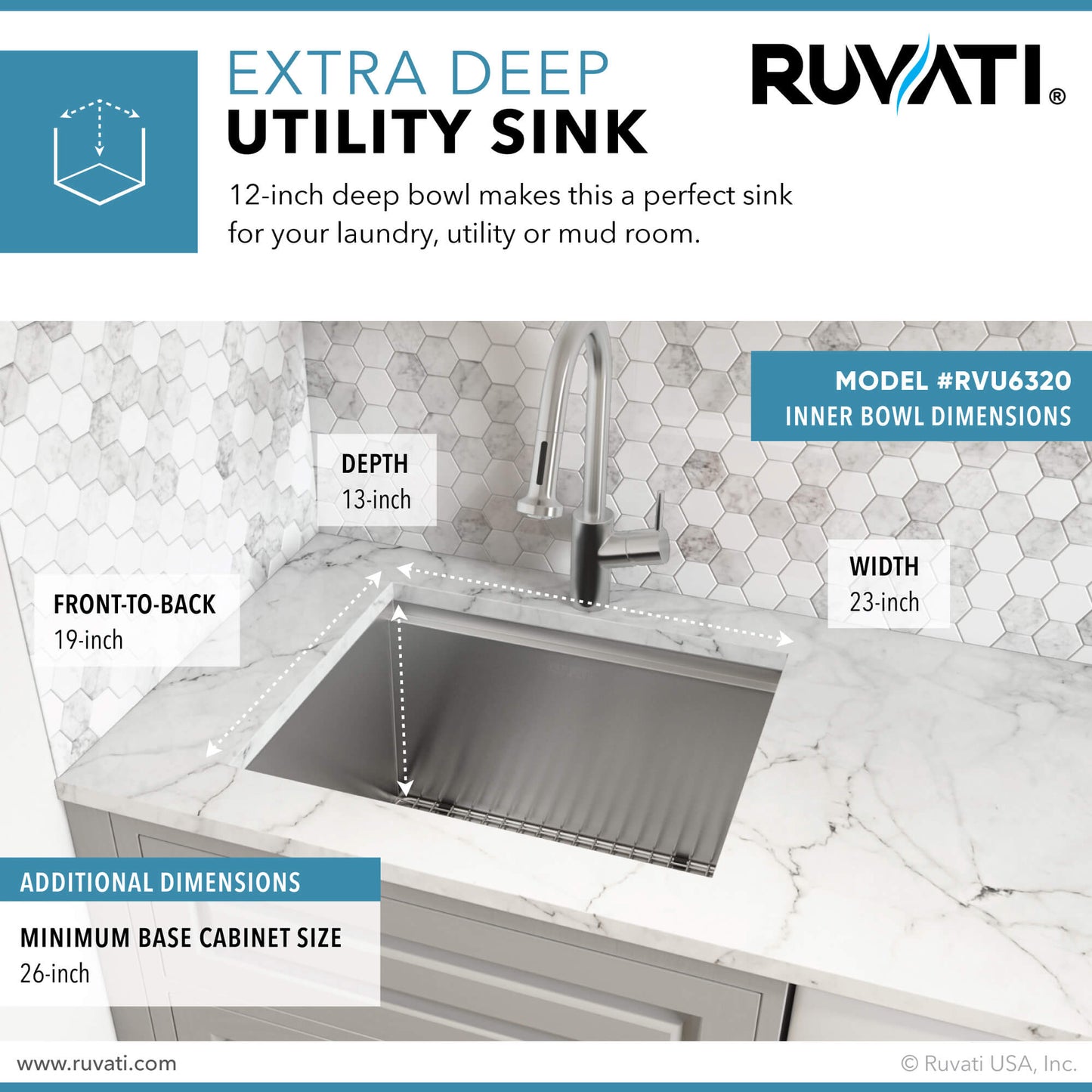 Ruvati 23" x 19" x 13" Deep Laundry Utility Workstation Sink Undermount 16 Gauge - RVU6320