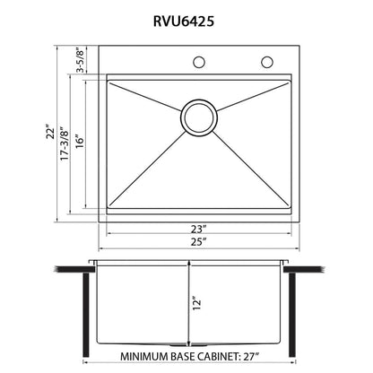 Ruvati 25 x 22 x 12 inch Drop-in Topmount Laundry Utility Workstation Sink 16 Gauge Stainless Steel - RVU6425