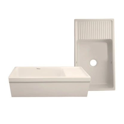 Whitehaus 36" Farmhaus Fireclay Quatro Alcove Large Reversible Sink with Integral Drainboard and Decorative Lip on Both Sides