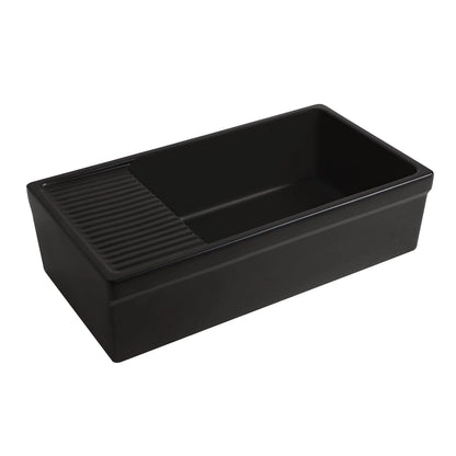 Whitehaus 36" Farmhaus Fireclay Quatro Alcove Large Reversible Sink with Integral Drainboard and Decorative Lip on Both Sides