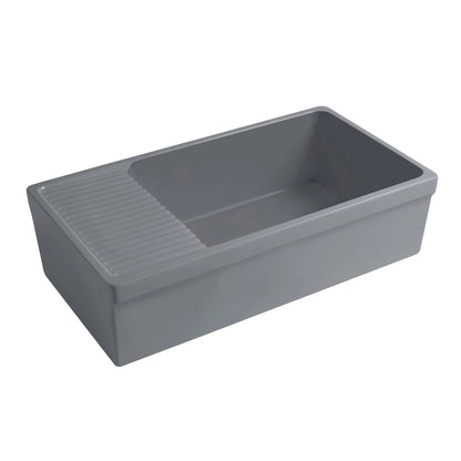 Whitehaus 36" Farmhaus Fireclay Quatro Alcove Large Reversible Sink with Integral Drainboard and Decorative Lip on Both Sides