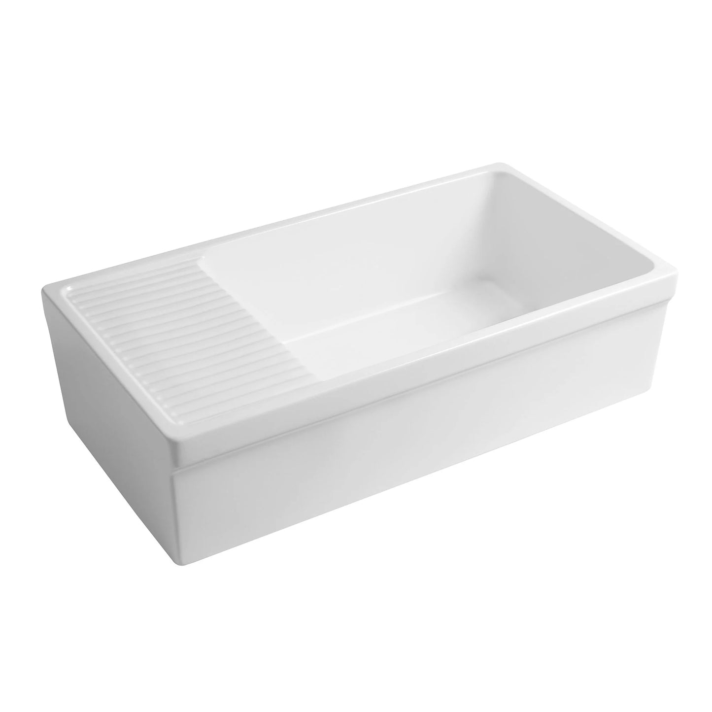 Whitehaus 36" Farmhaus Fireclay Quatro Alcove Large Reversible Sink with Integral Drainboard and Decorative Lip on Both Sides