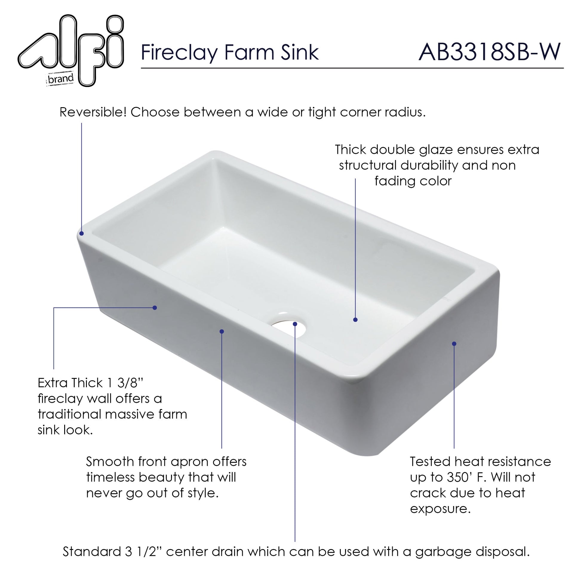 Alfi Brand 33" Smooth Apron Single Bowl Farm Sink - AB3318SB