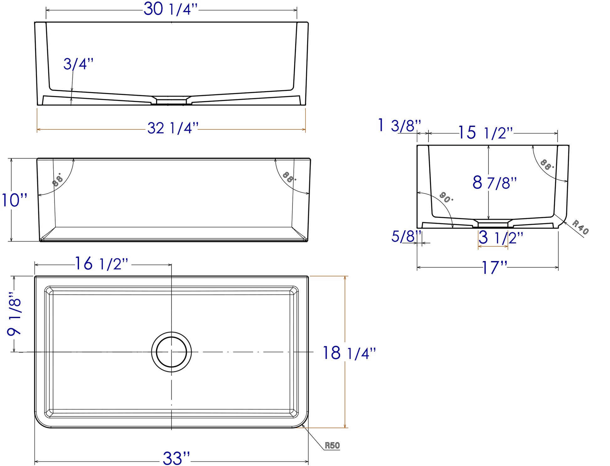 Alfi Brand 33" Smooth Apron Single Bowl Farm Sink - AB3318SB