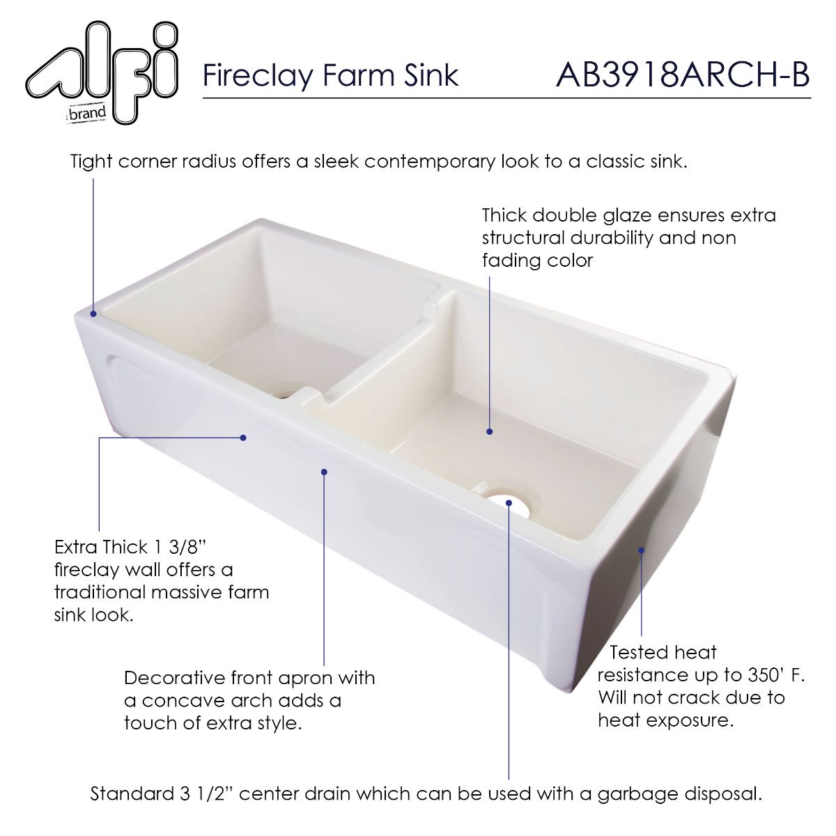 Alfi brand 39" Arched Apron Fireclay Double Bowl Farm Sink