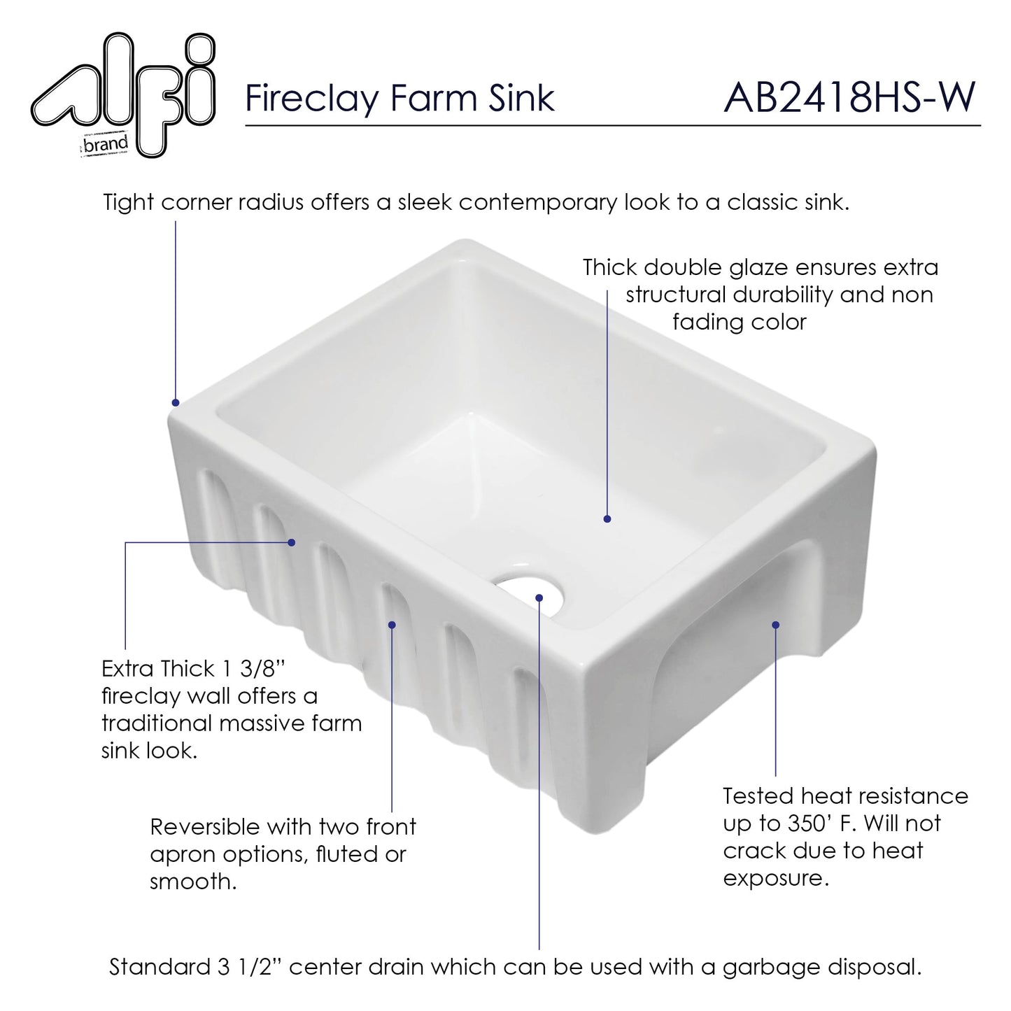 Alfi brand AB2418HS 24 inch Reversible Smooth / Fluted Single Bowl Fireclay Farm Sink