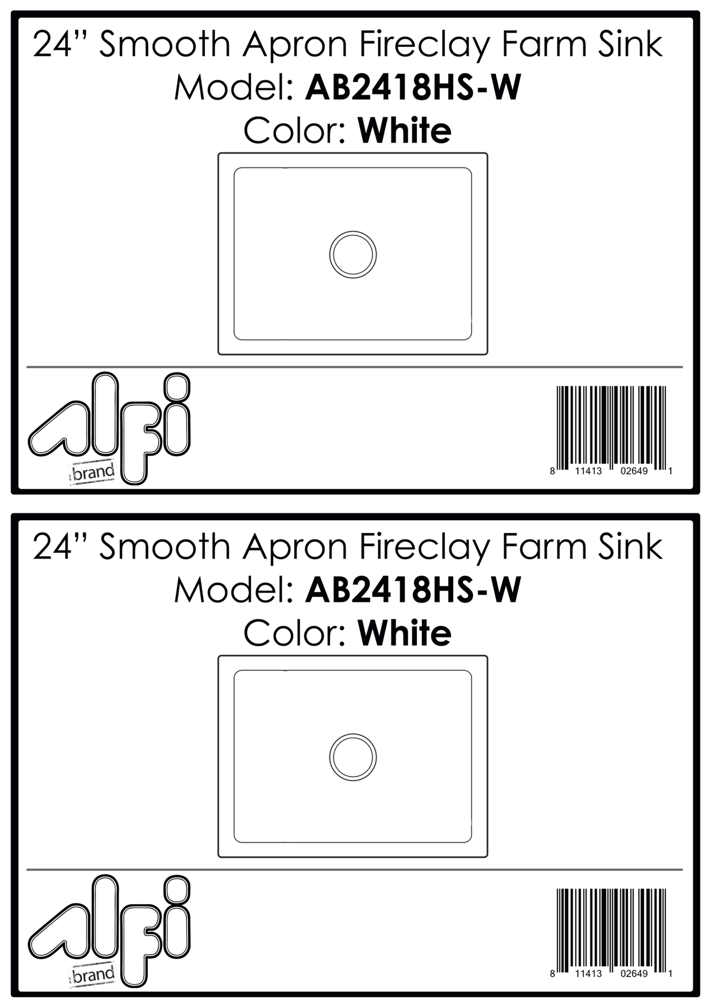 Alfi brand AB2418HS 24 inch Reversible Smooth / Fluted Single Bowl Fireclay Farm Sink