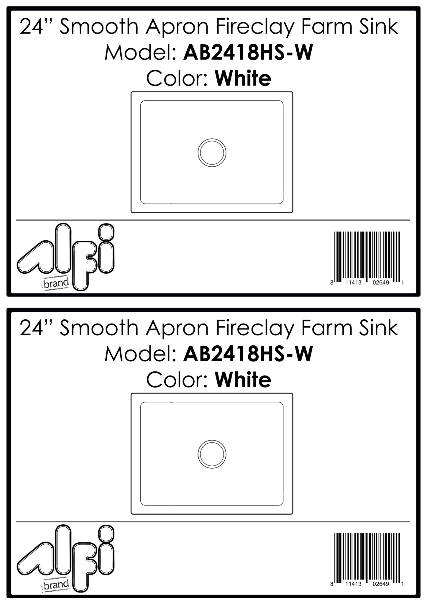 Alfi brand AB2418HS 24 inch Reversible Smooth / Fluted Single Bowl Fireclay Farm Sink