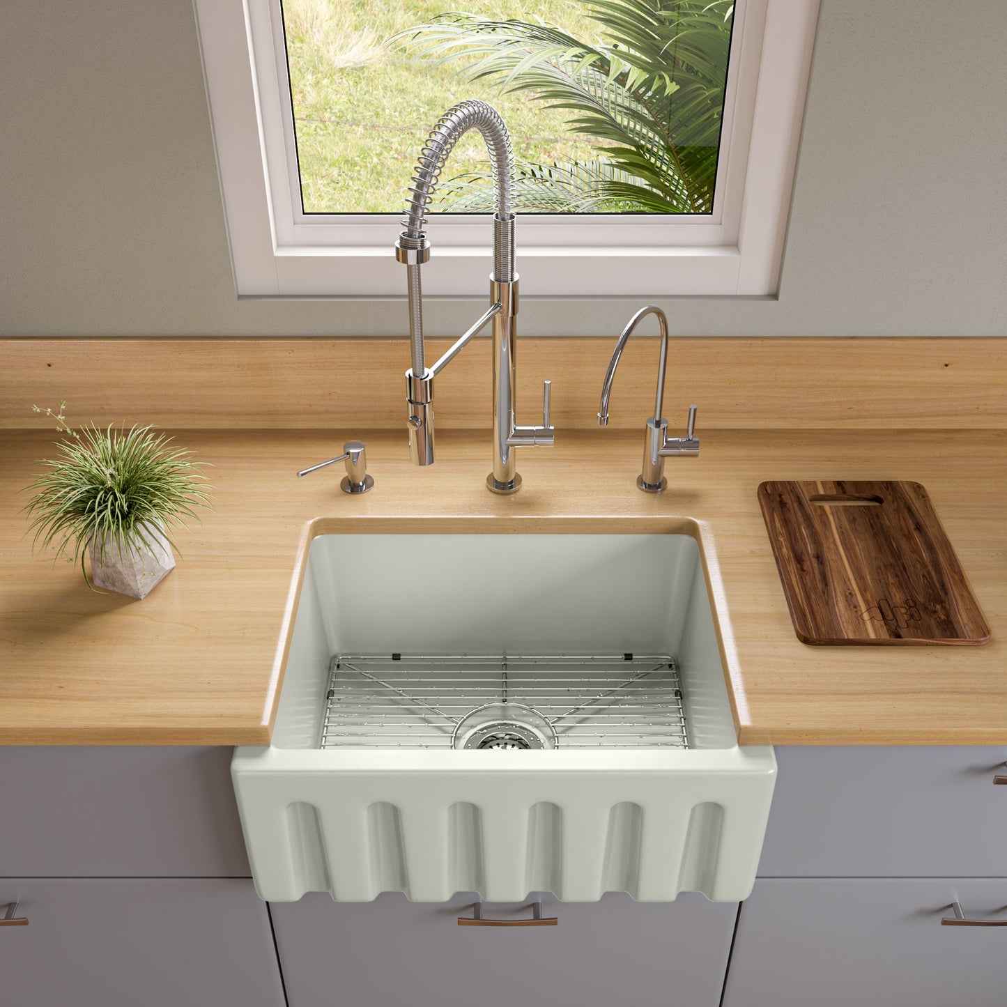 Alfi brand AB2418HS 24 inch Reversible Smooth / Fluted Single Bowl Fireclay Farm Sink