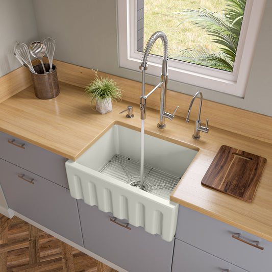 Alfi brand AB2418HS 24 inch Reversible Smooth / Fluted Single Bowl Fireclay Farm Sink