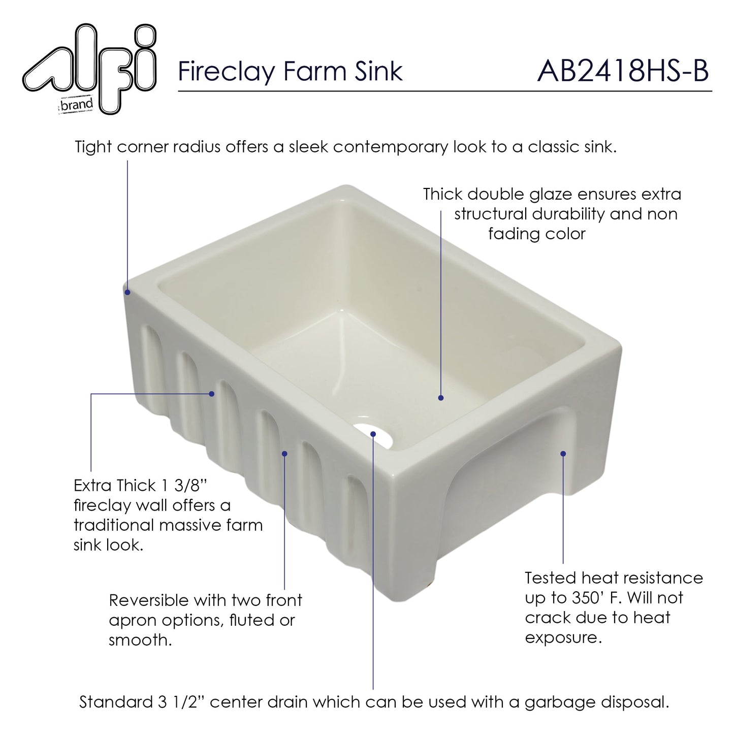 Alfi brand AB2418HS 24 inch Reversible Smooth / Fluted Single Bowl Fireclay Farm Sink