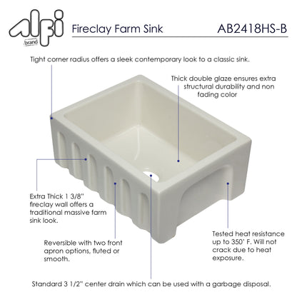 Alfi brand AB2418HS 24 inch Reversible Smooth / Fluted Single Bowl Fireclay Farm Sink