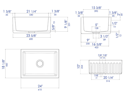 Alfi brand AB2418HS 24 inch Reversible Smooth / Fluted Single Bowl Fireclay Farm Sink