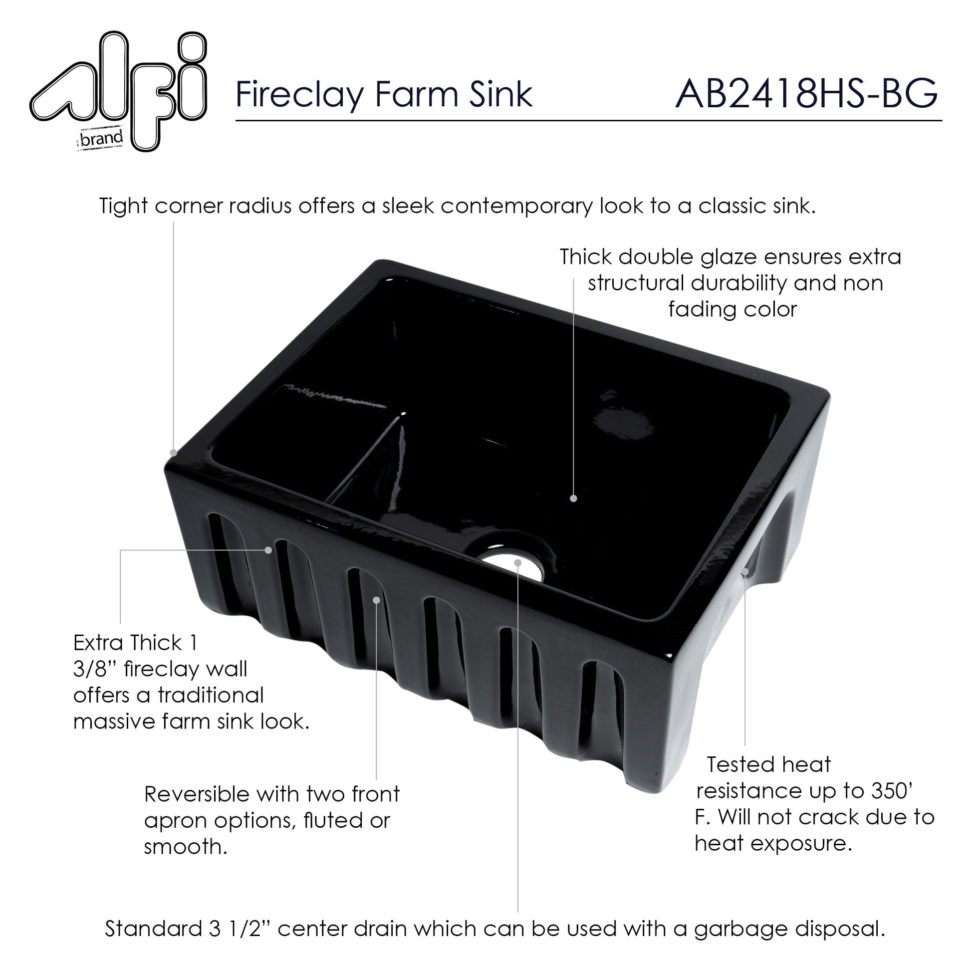 Alfi brand AB2418HS 24 inch Reversible Smooth / Fluted Single Bowl Fireclay Farm Sink