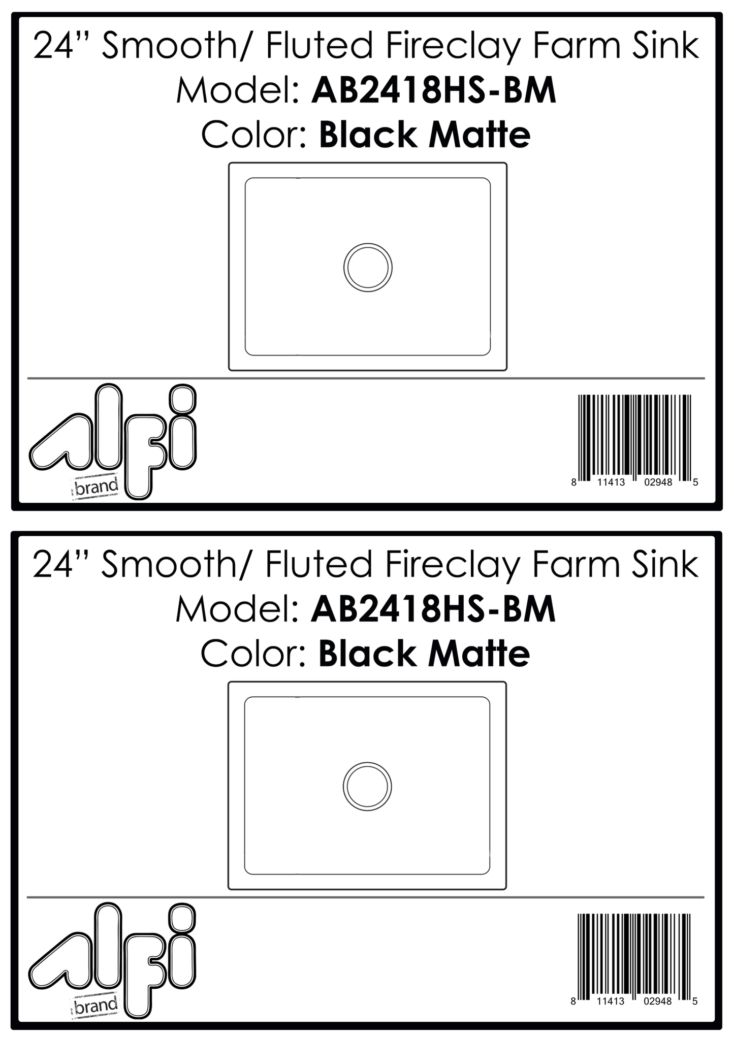 Alfi brand AB2418HS 24 inch Reversible Smooth / Fluted Single Bowl Fireclay Farm Sink