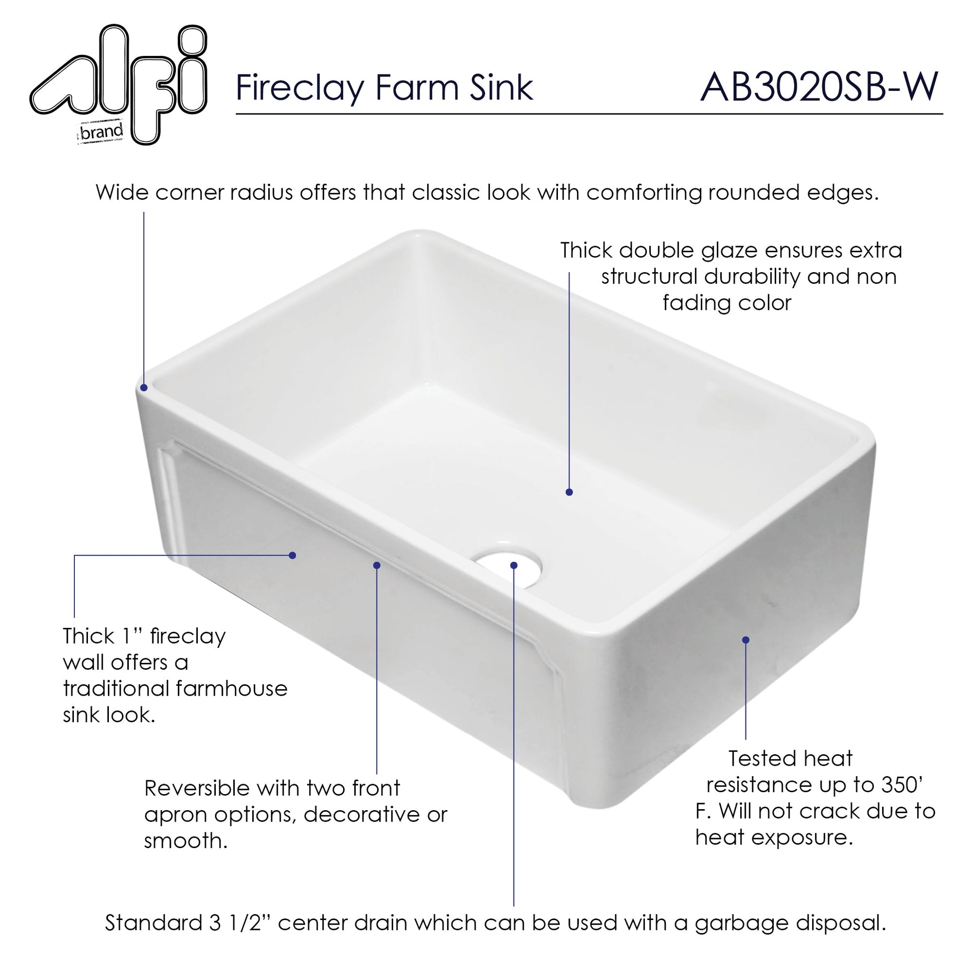 Alfi brand AB3020SB 30 inch Reversible Single Fireclay Farmhouse Kitchen Sink