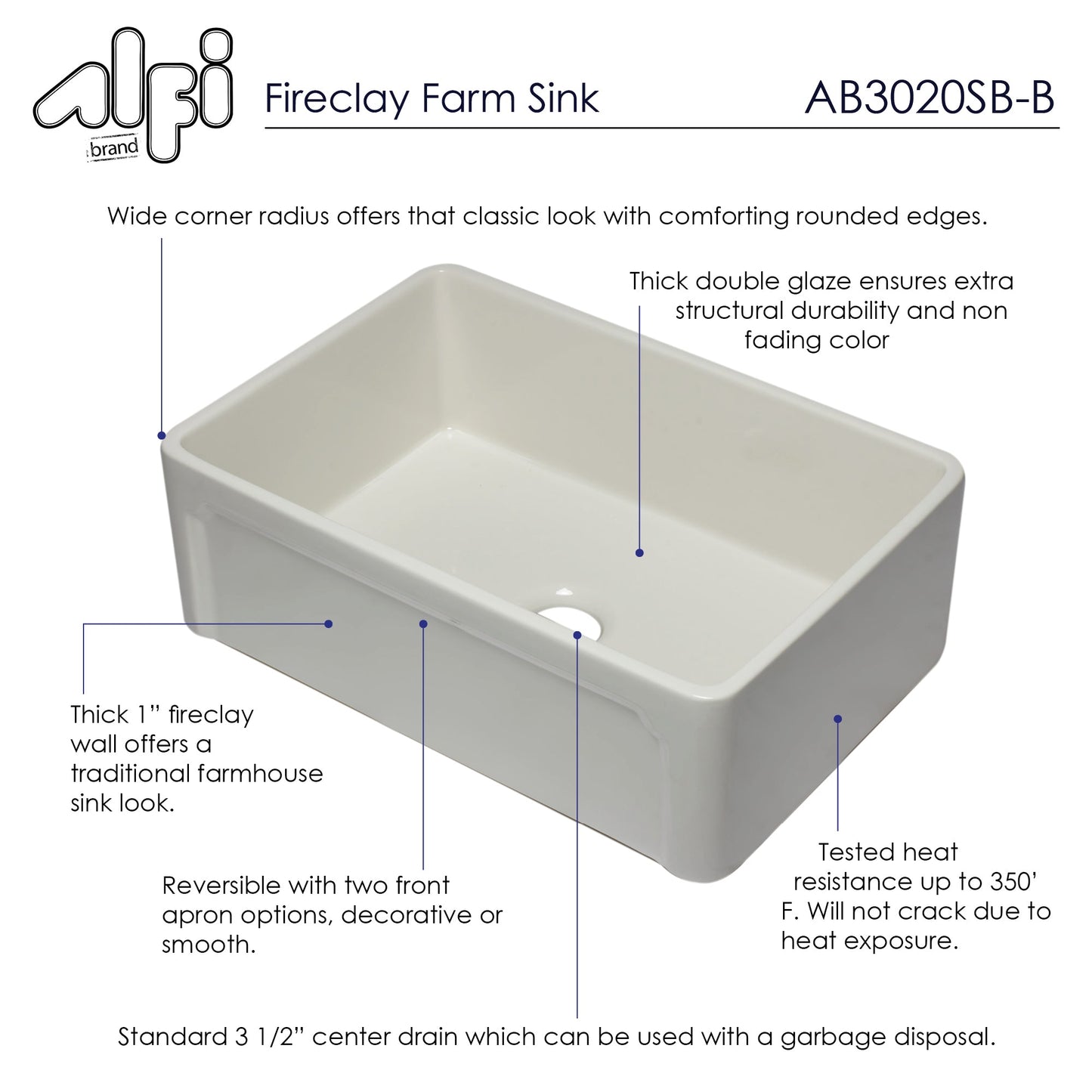 Alfi brand AB3020SB 30 inch Reversible Single Fireclay Farmhouse Kitchen Sink