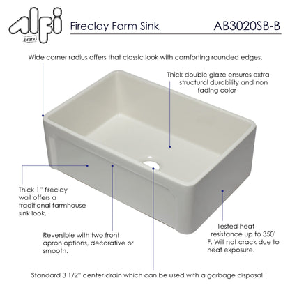 Alfi brand AB3020SB 30 inch Reversible Single Fireclay Farmhouse Kitchen Sink