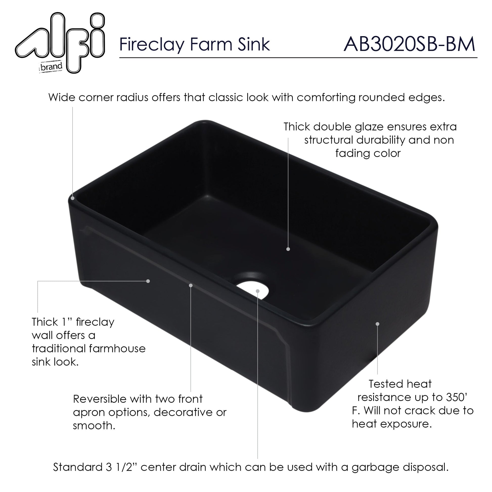 Alfi brand AB3020SB 30 inch Reversible Single Fireclay Farmhouse Kitchen Sink