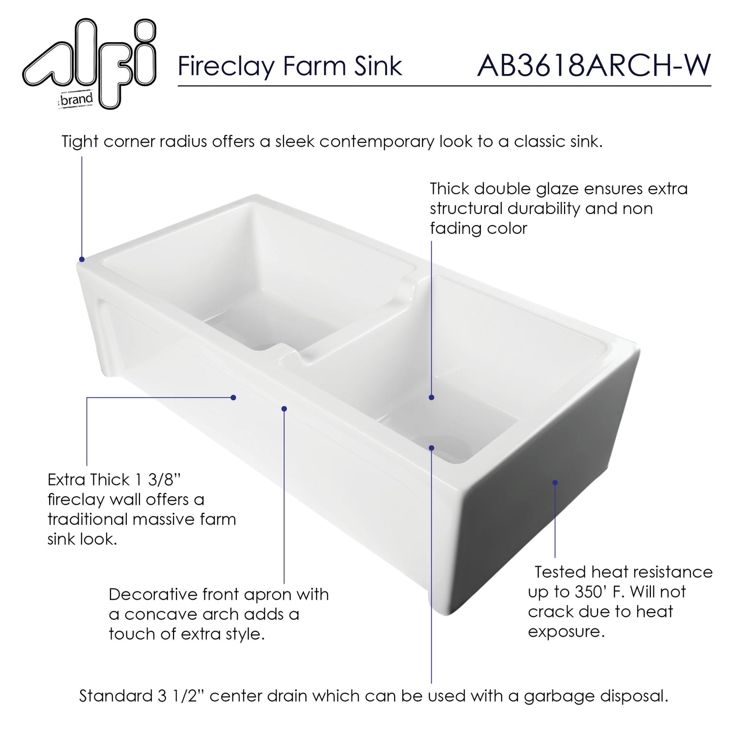 Alfi brand AB3618ARCH 36" Arched Apron Thick Wall Fireclay Double Bowl Farm Sink