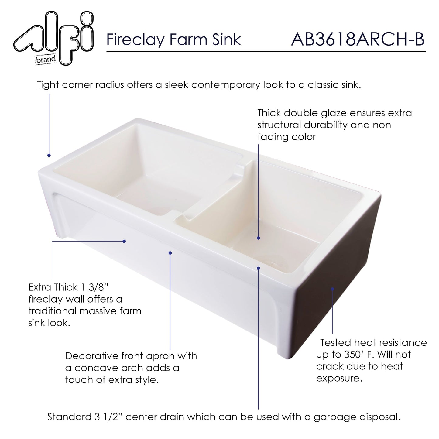 Alfi brand AB3618ARCH 36" Arched Apron Thick Wall Fireclay Double Bowl Farm Sink