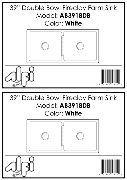 Alfi brand AB3918DB-B 39" Smooth Apron Thick Wall Fireclay Double Bowl Farm Sink