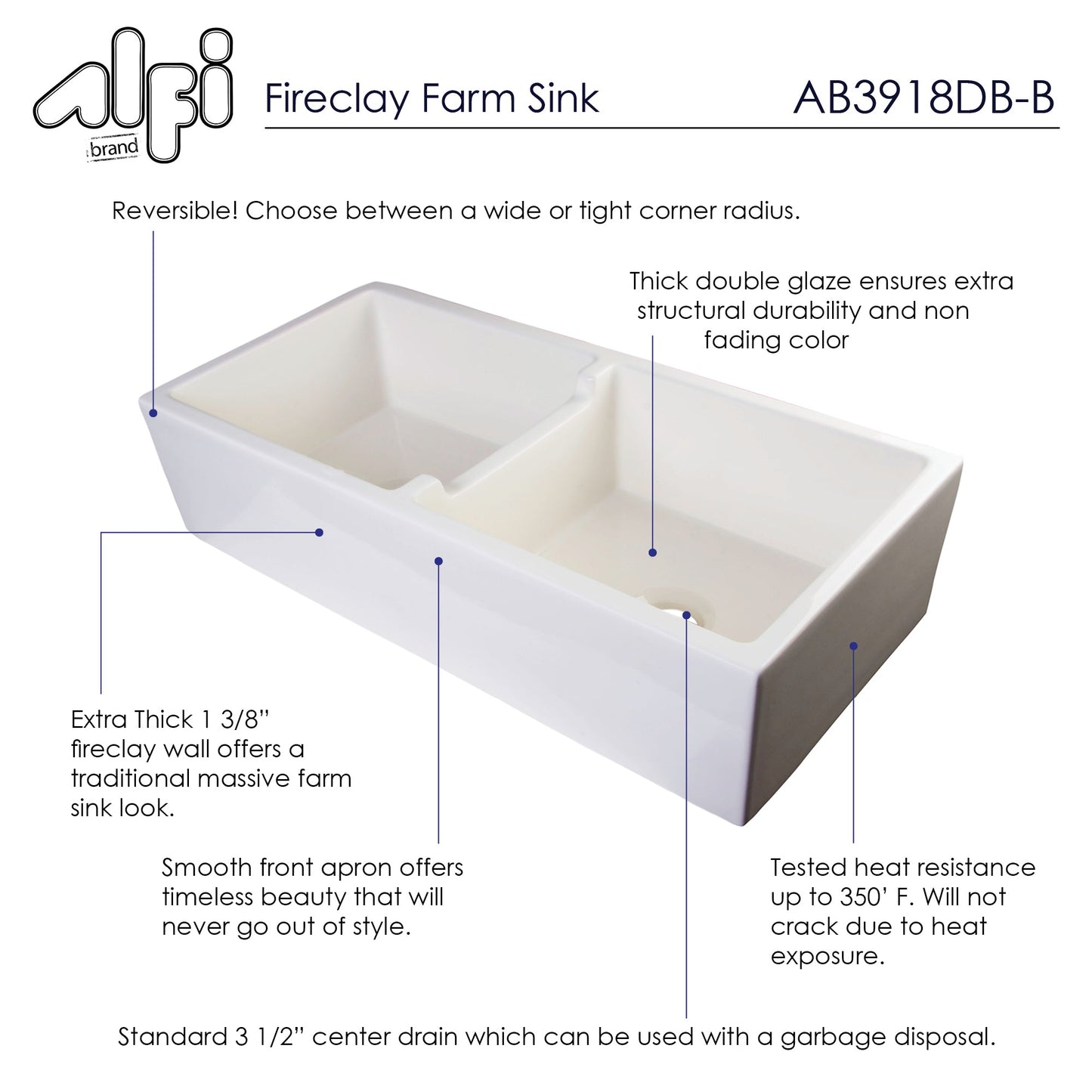 Alfi brand AB3918DB-B 39" Smooth Apron Thick Wall Fireclay Double Bowl Farm Sink