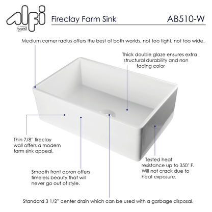 Alfi brand AB510-W 30" Contemporary Smooth Apron Fireclay Farmhouse Kitchen Sink