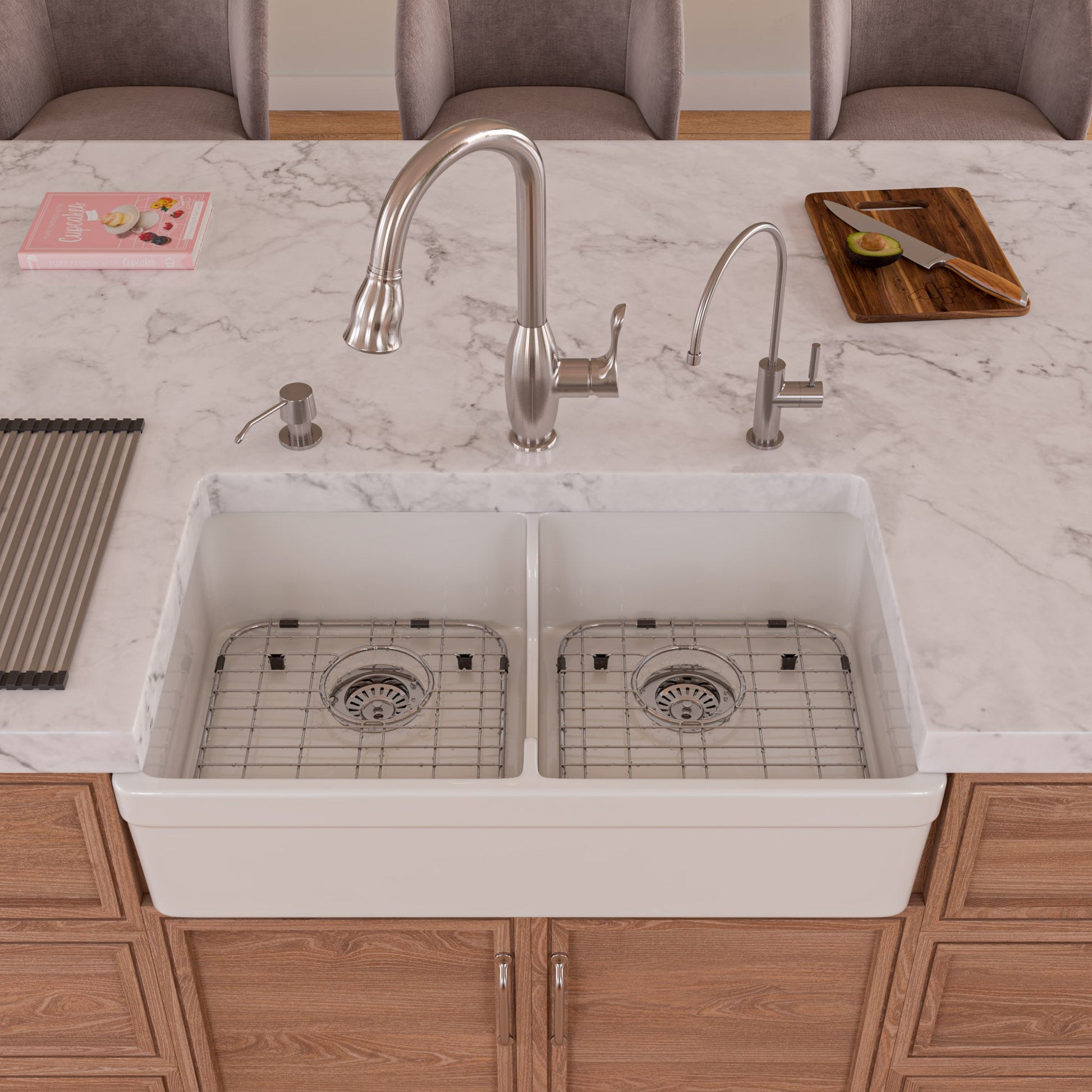 ALFI brand AB5123-W White 32" Short Wall Double Bowl Lip Apron Fireclay Farmhouse Kitchen Sink