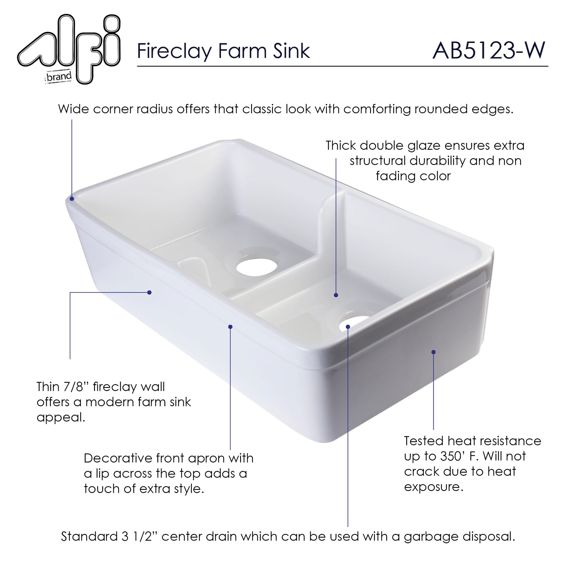 ALFI brand AB5123-W White 32" Short Wall Double Bowl Lip Apron Fireclay Farmhouse Kitchen Sink