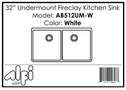 ALFI brand AB512UM-W 32" White Double Bowl Fireclay Undermount Kitchen Sink