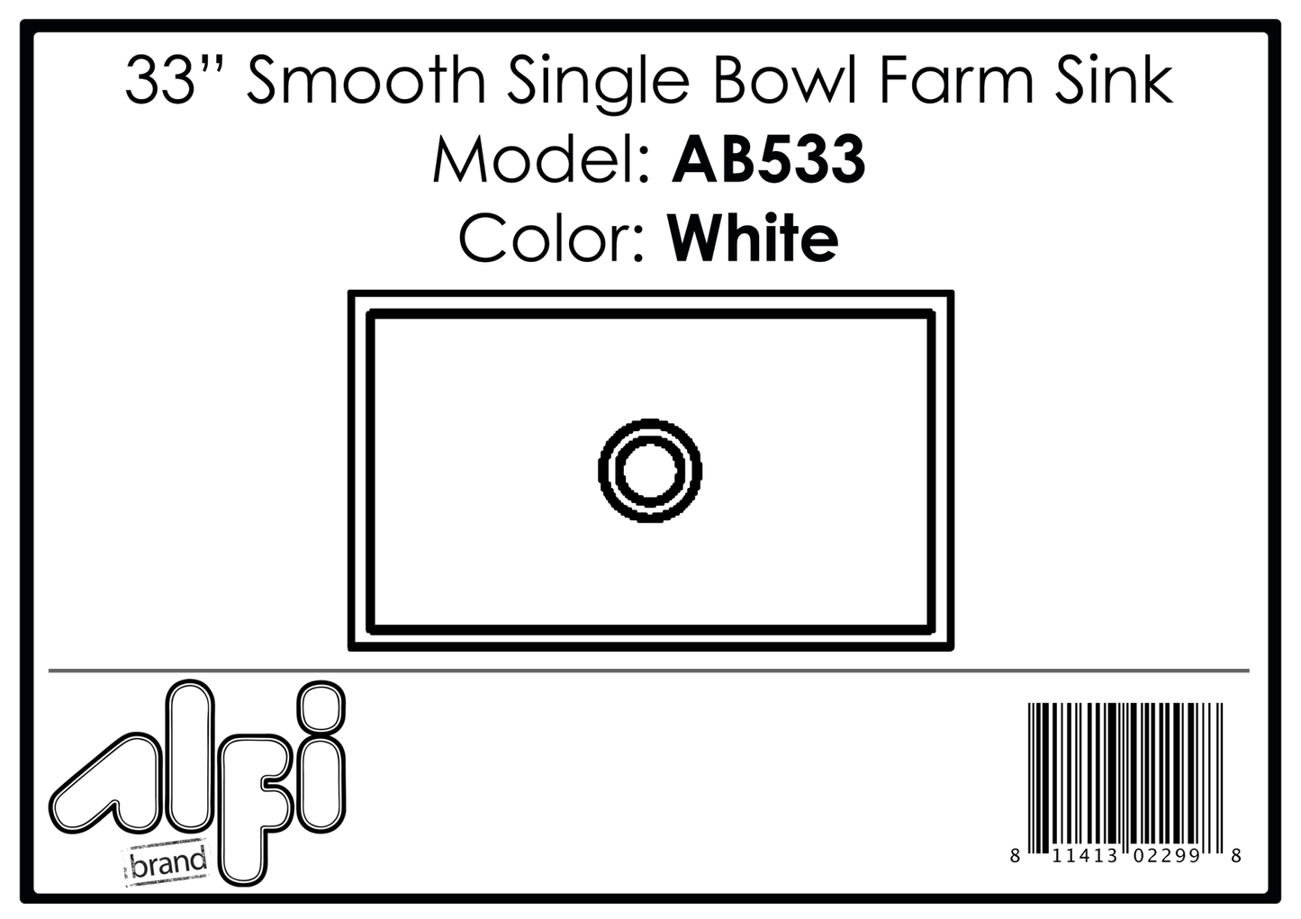 Alfi brand AB533 33" Smooth Apron Single Bowl Fireclay Farm Sink