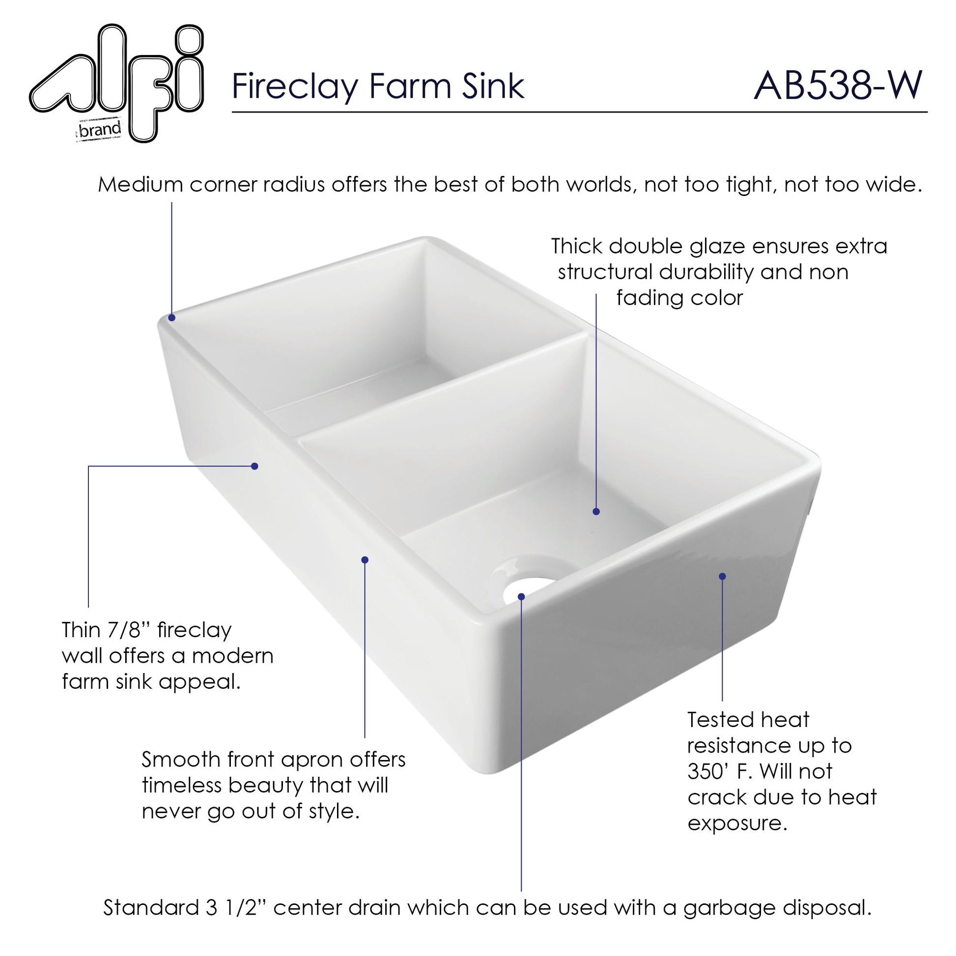 Alfi brand AB538-W White 32" Smooth Apron Double Bowl Fireclay Farmhouse Kitchen Sink