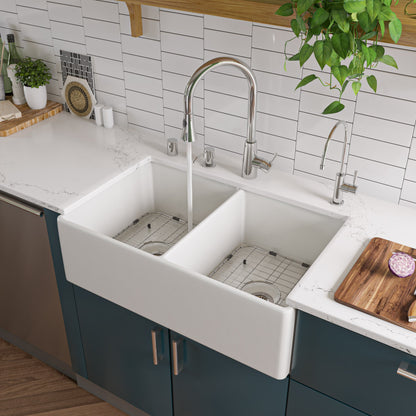 Alfi brand AB538-W White 32" Smooth Apron Double Bowl Fireclay Farmhouse Kitchen Sink