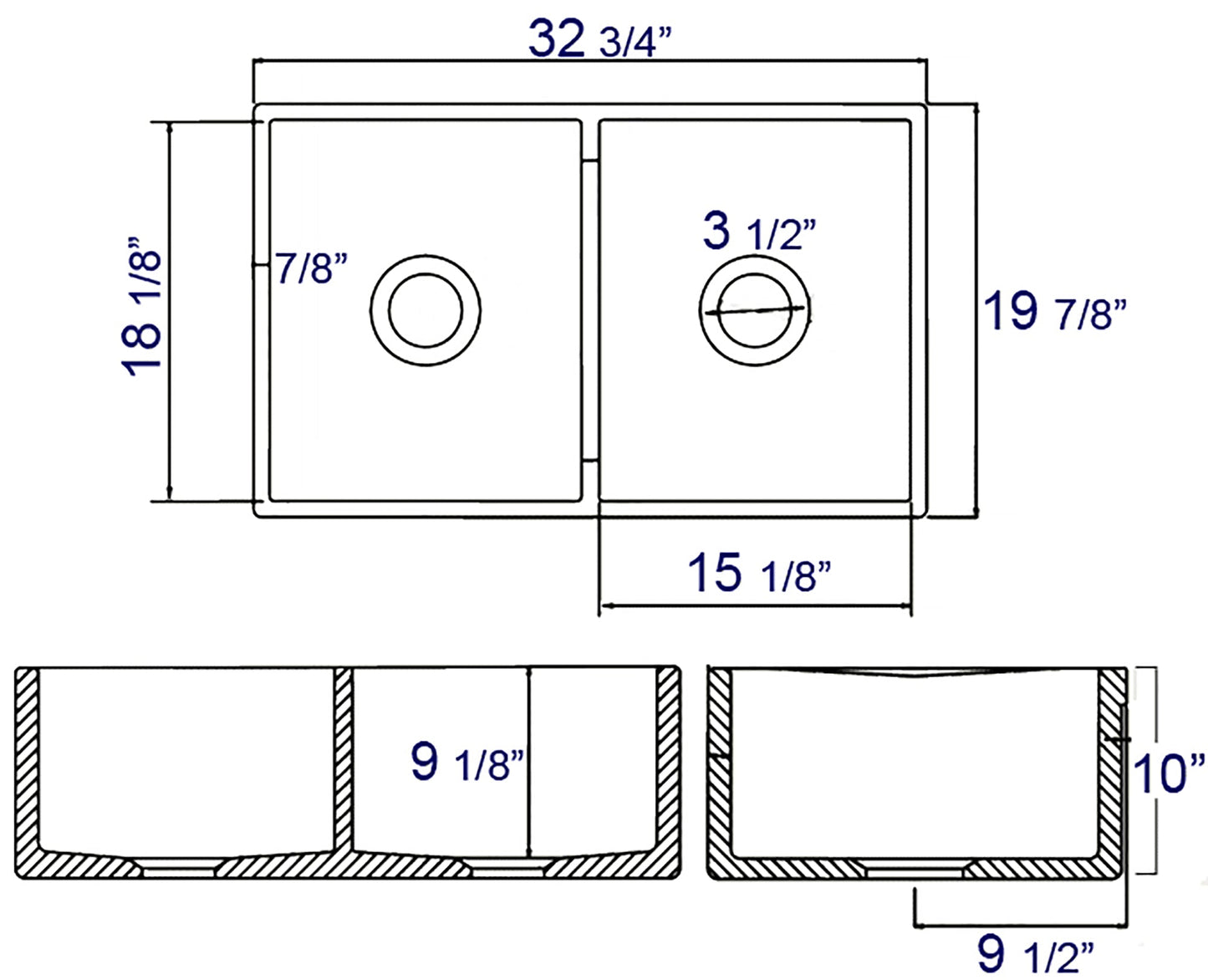 Alfi brand AB538-W White 32" Smooth Apron Double Bowl Fireclay Farmhouse Kitchen Sink