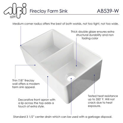 Alfi brand AB539-W White 32" Decorative Lip Apron Double Bowl Fireclay Farmhouse Kitchen Sink