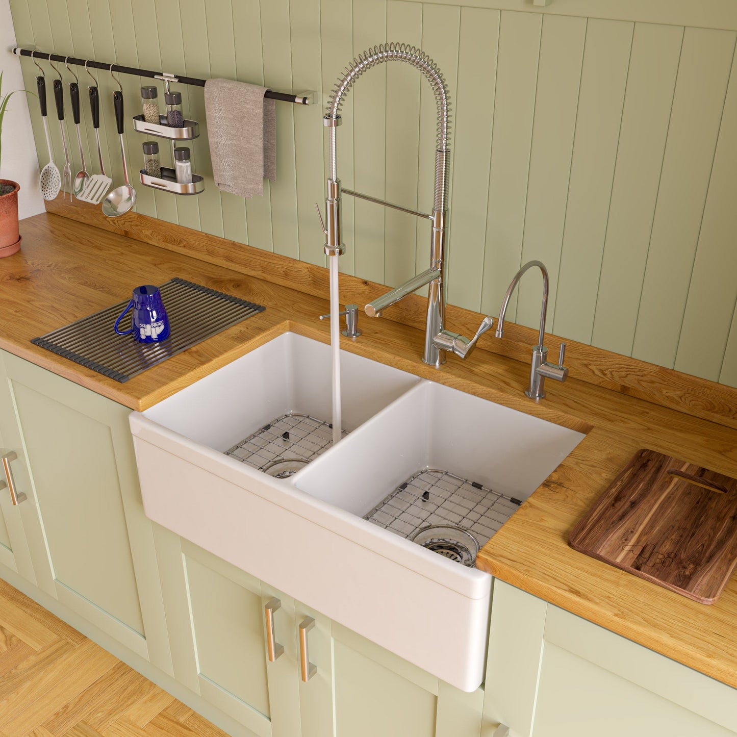 Alfi brand AB539-W White 32" Decorative Lip Apron Double Bowl Fireclay Farmhouse Kitchen Sink