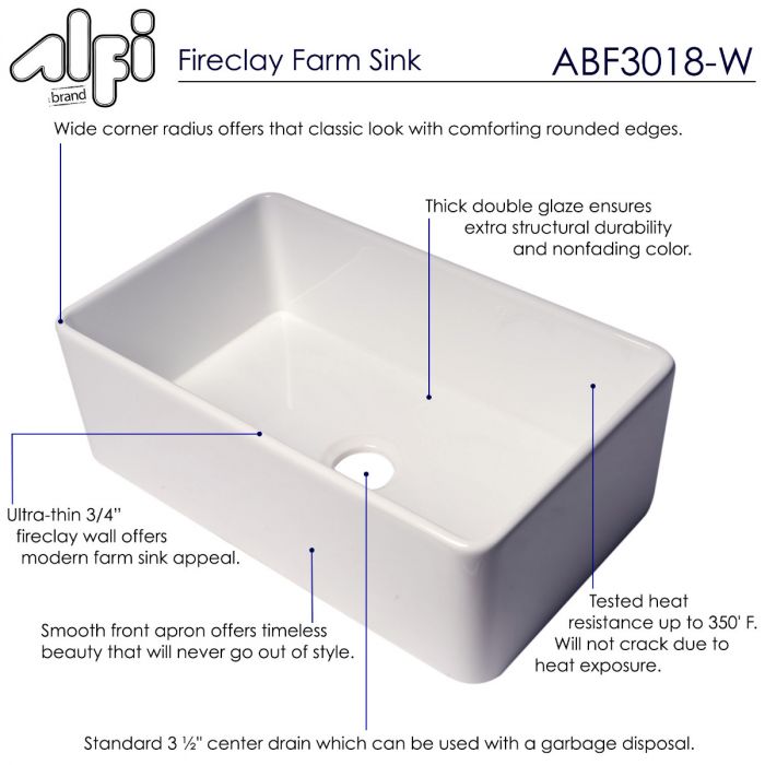 Alfi brand ABF3018 Smooth Apron 30" x 18" Single Bowl Fireclay Farm Sink