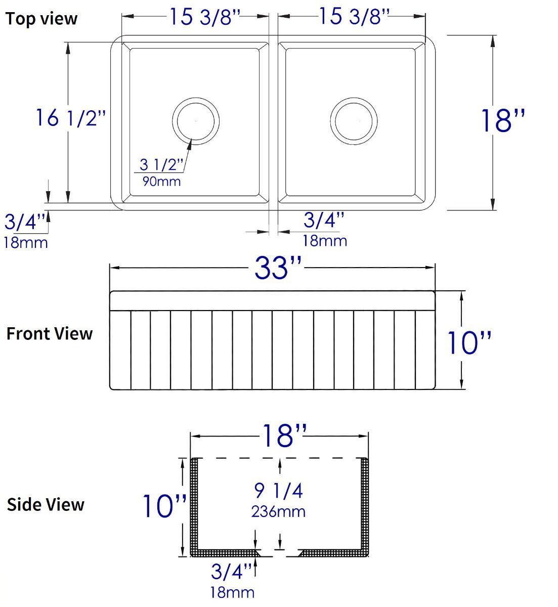 Alfi brand ABF3318D Smooth Apron 33" x 18" Double Bowl Fireclay Farm Sink