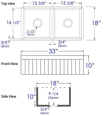 Alfi brand ABF3318D Smooth Apron 33" x 18" Double Bowl Fireclay Farm Sink